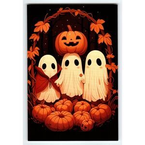 Vintage Halloween Postcard with Cute Ghosts & Pumpkin Patch 5.5x4"